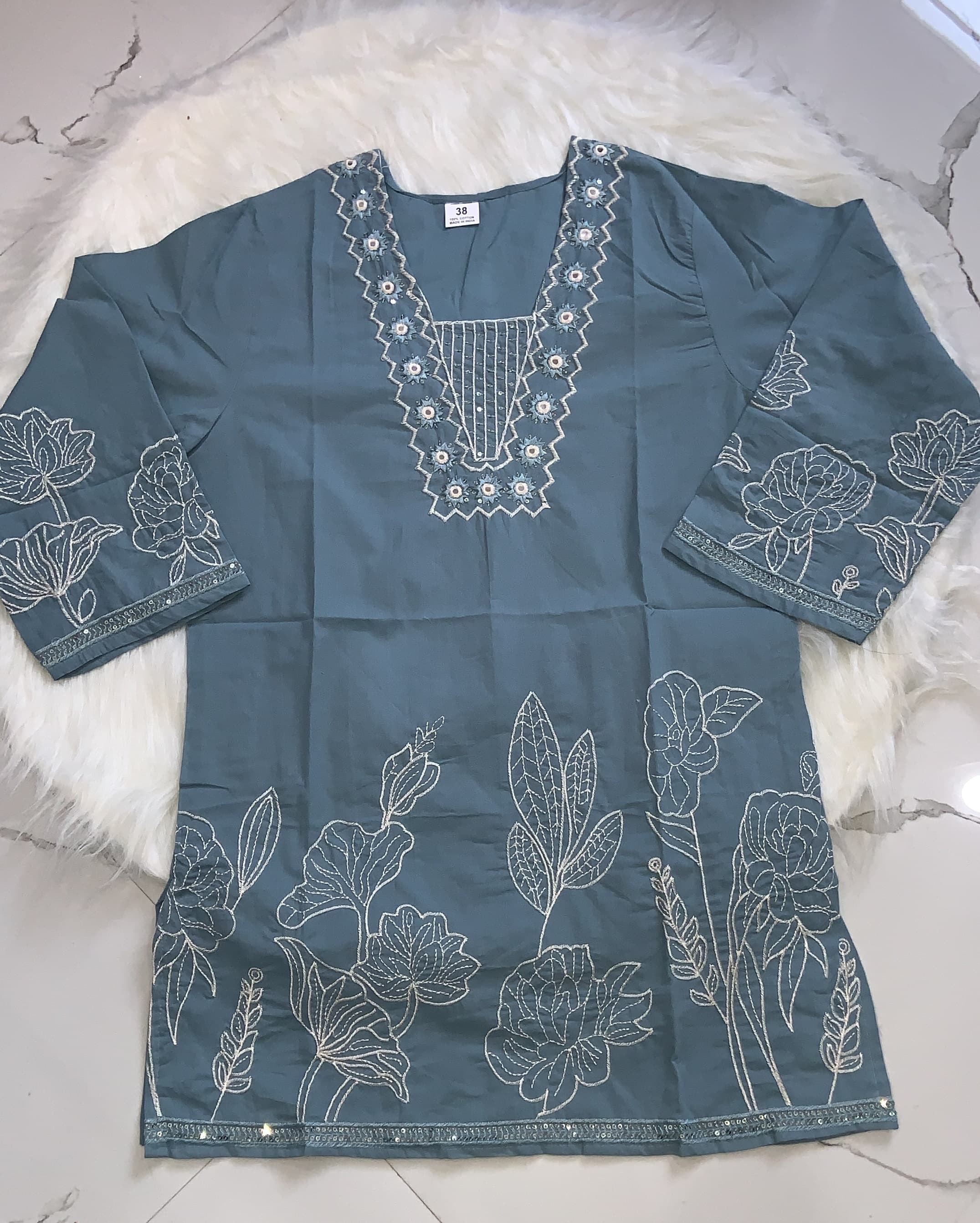 Blue Floral Embroidery Short Kurti, view 2