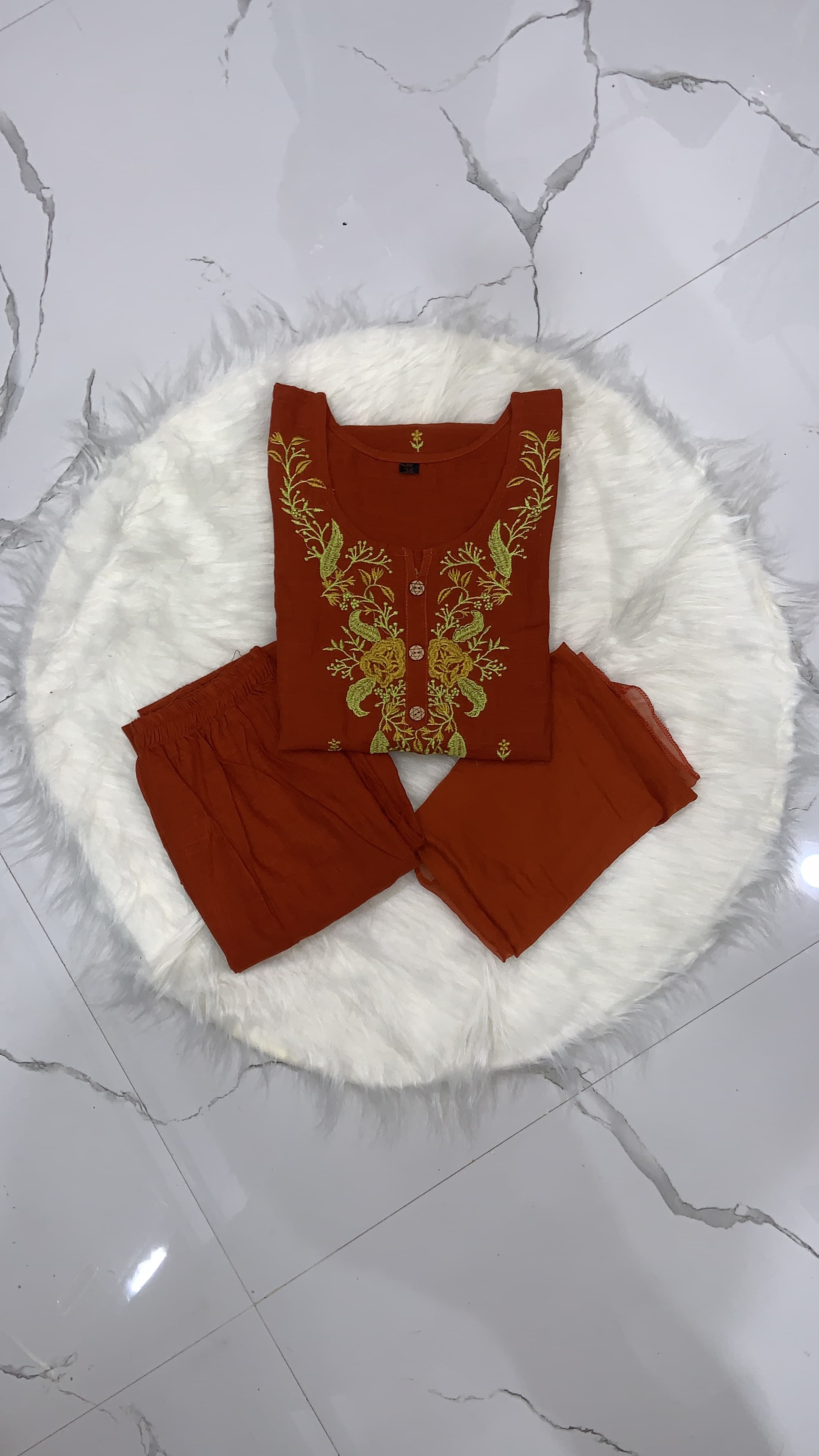 Rustic Orange Embroidery Kurti Set, view 2