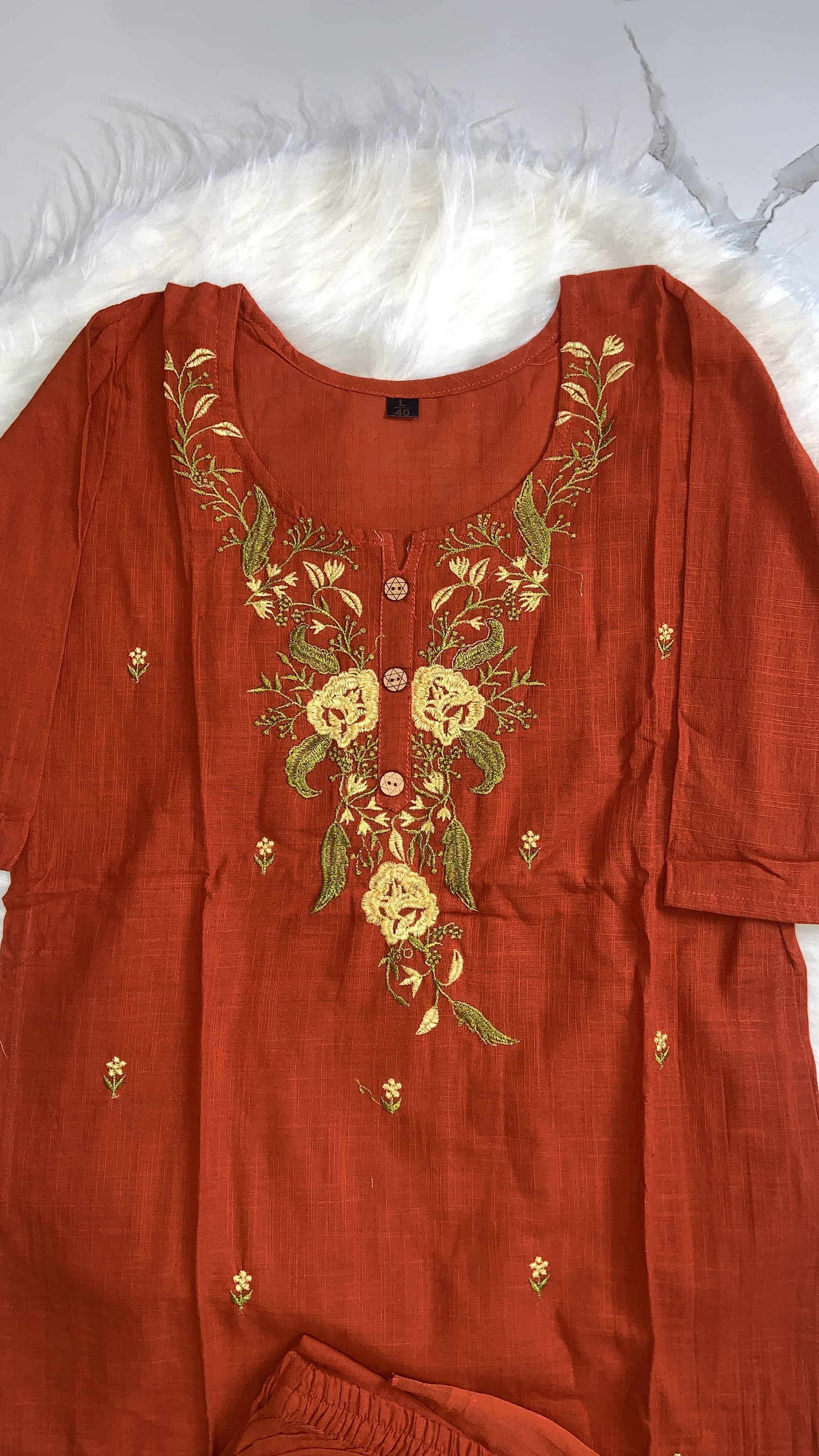 Rustic Orange Embroidery Kurti Set, view 3