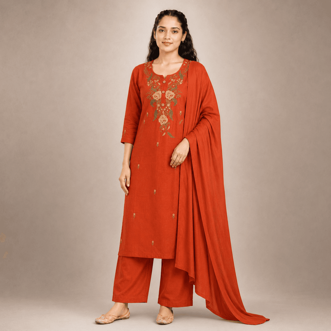Rustic Orange Embroidery Kurti Set