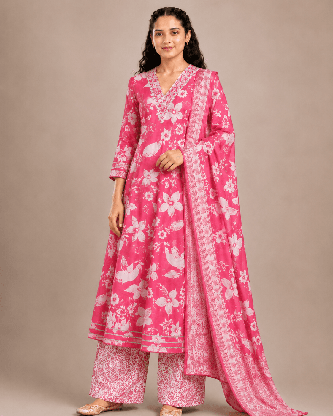 Coral Pink Anarkali 3-Piece Set