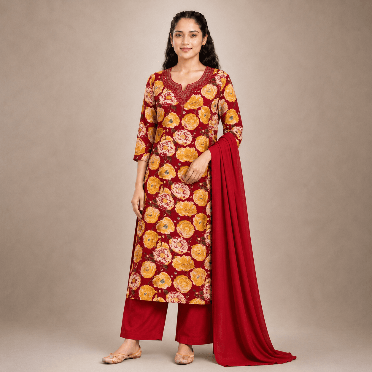 Red Floral Kurti Set