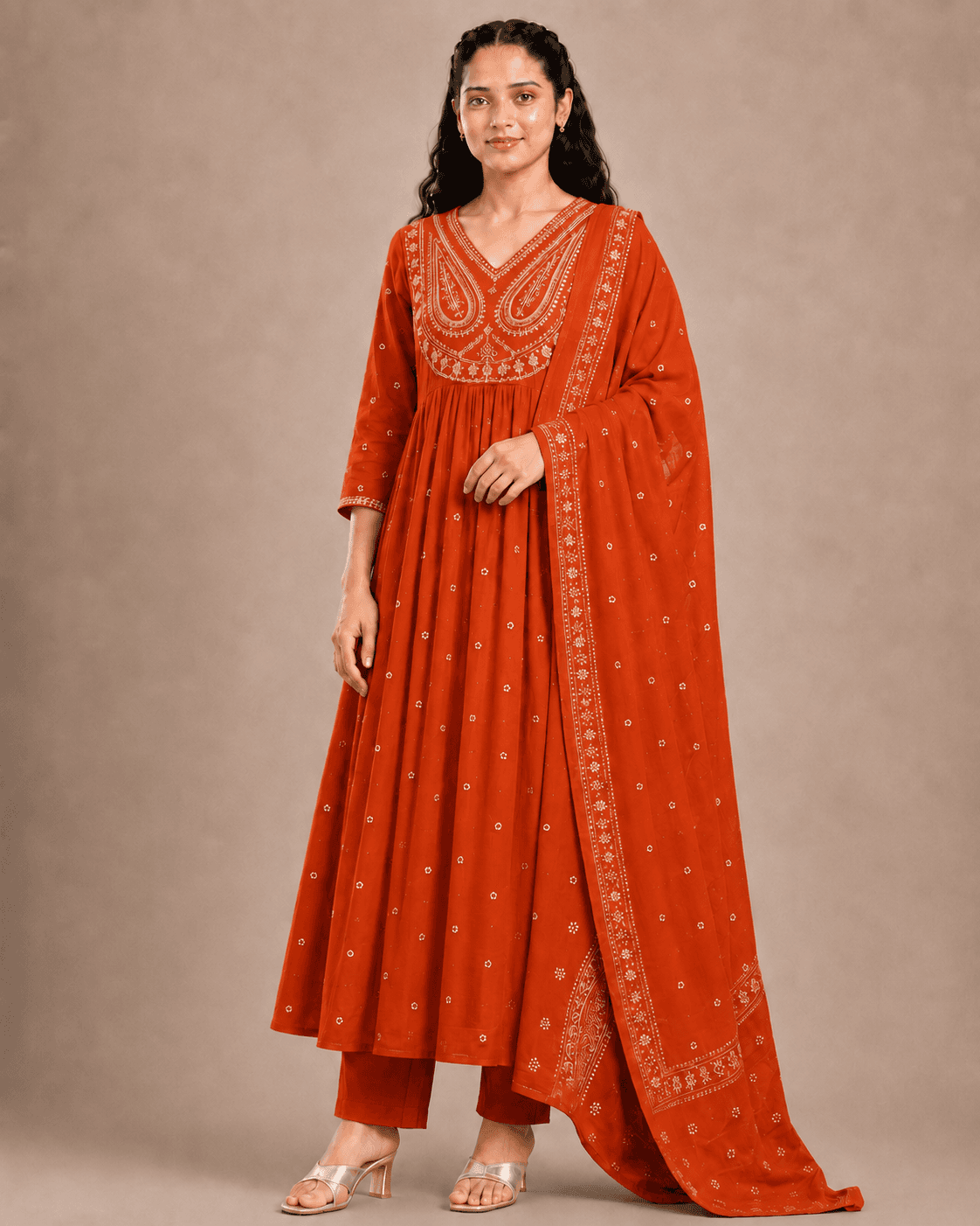 Orange Umbrella Style 3-Piece Kurti Set