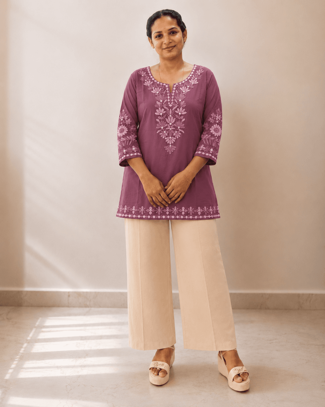 Mauve Blossom Embroidered Short Kurti