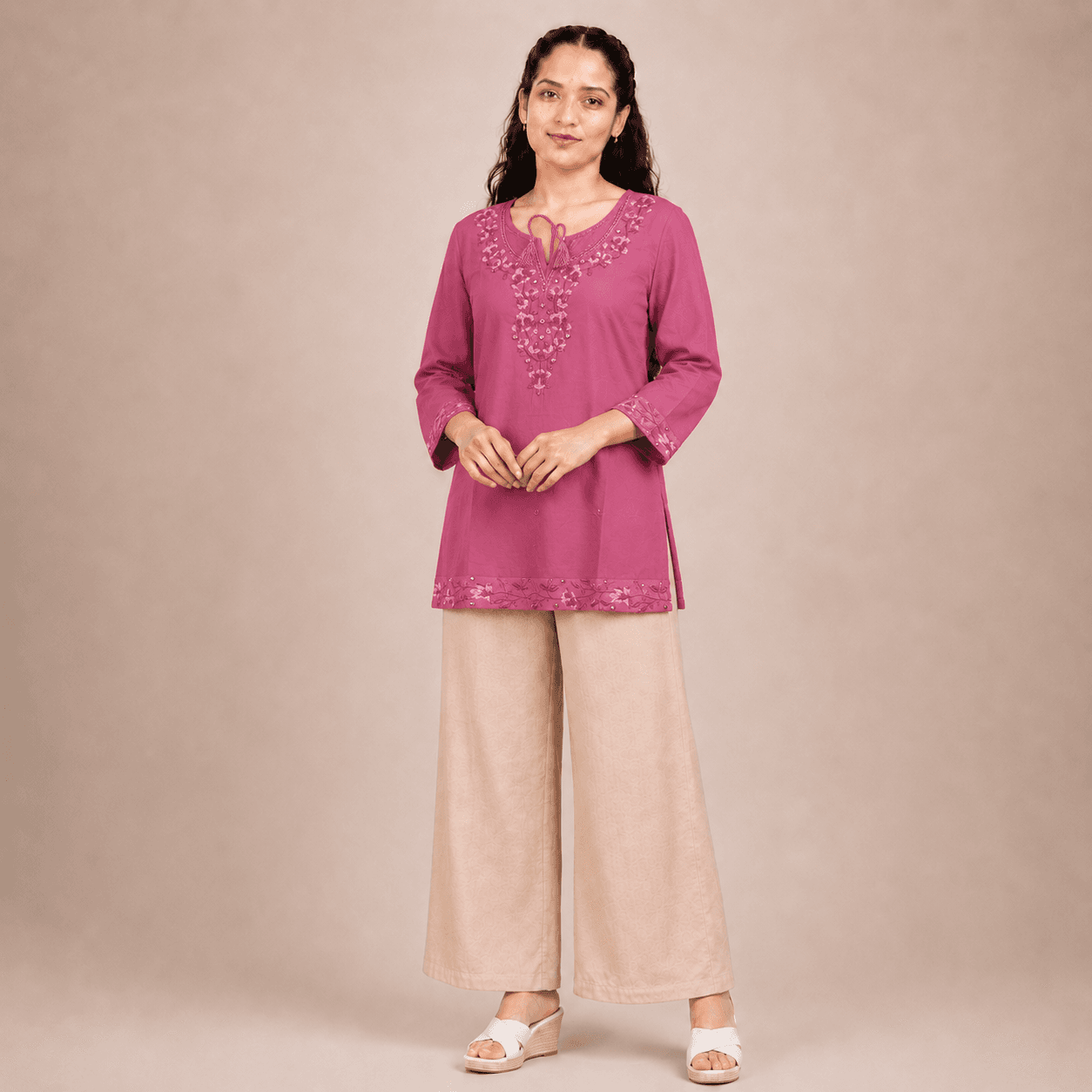 Rose Pink Embroidery Short Kurti