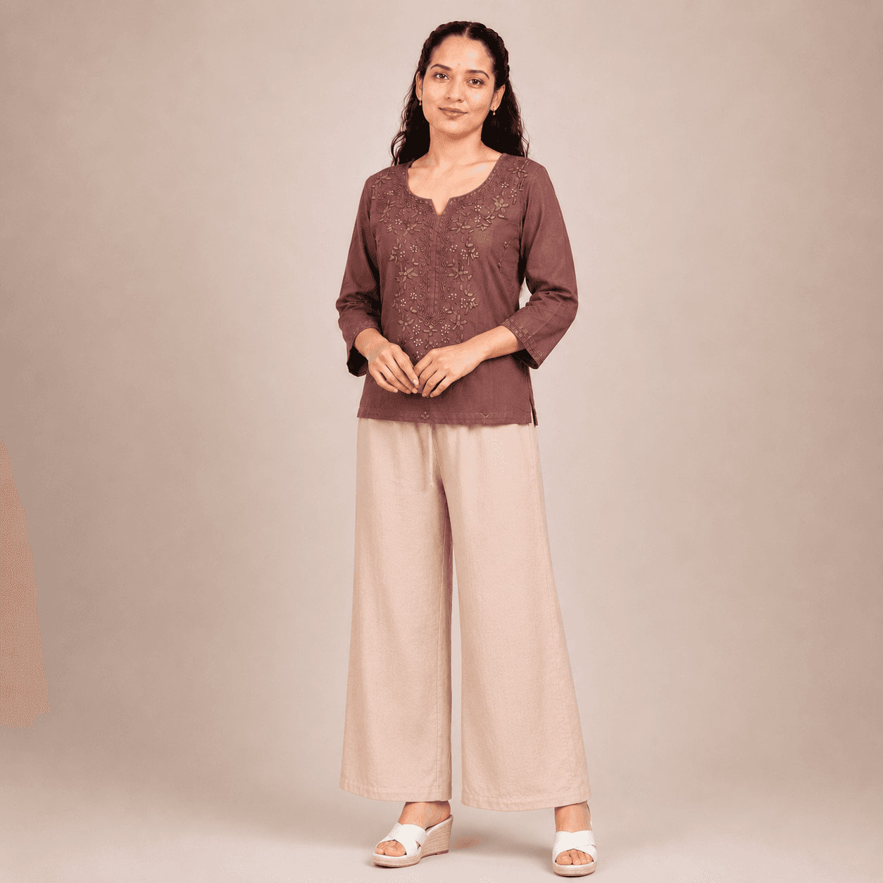 Mocha Brown Embroidery Short Kurti