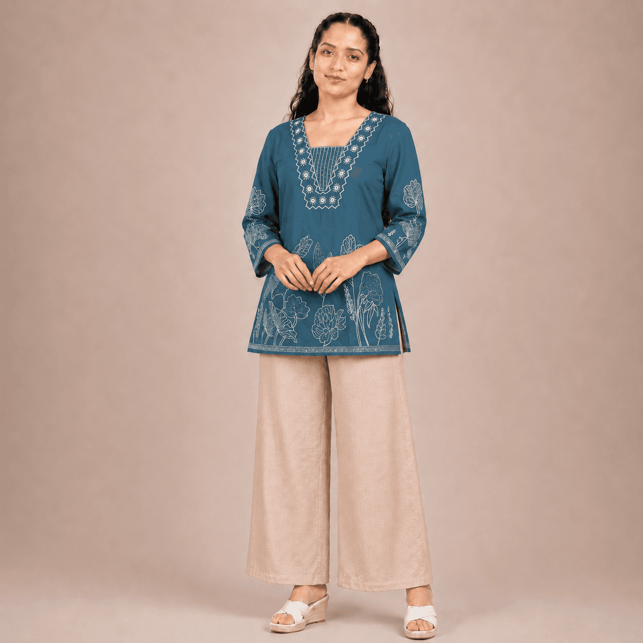Blue Floral Embroidery Short Kurti