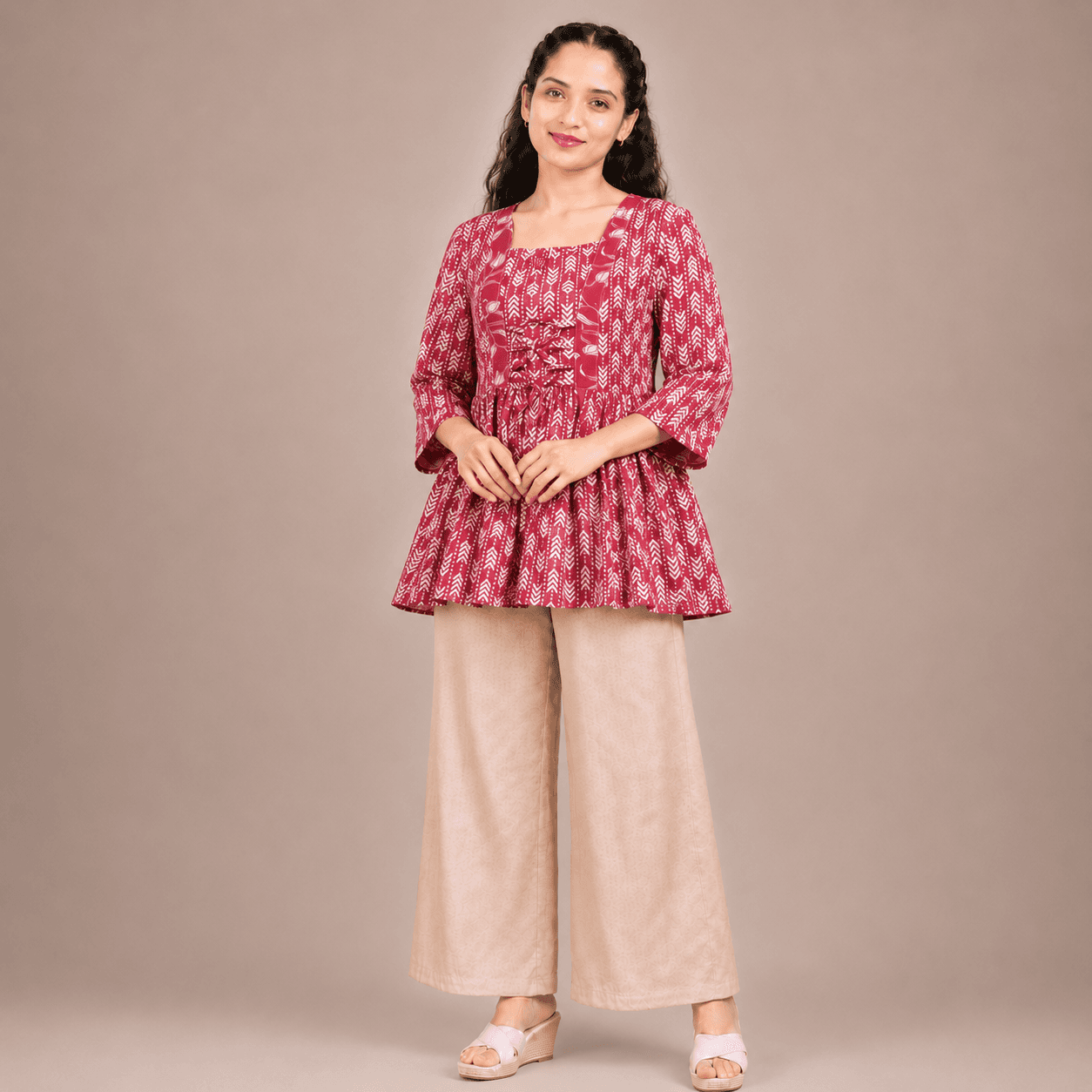 Rosewood Pink Lace-Up Peplum Top
